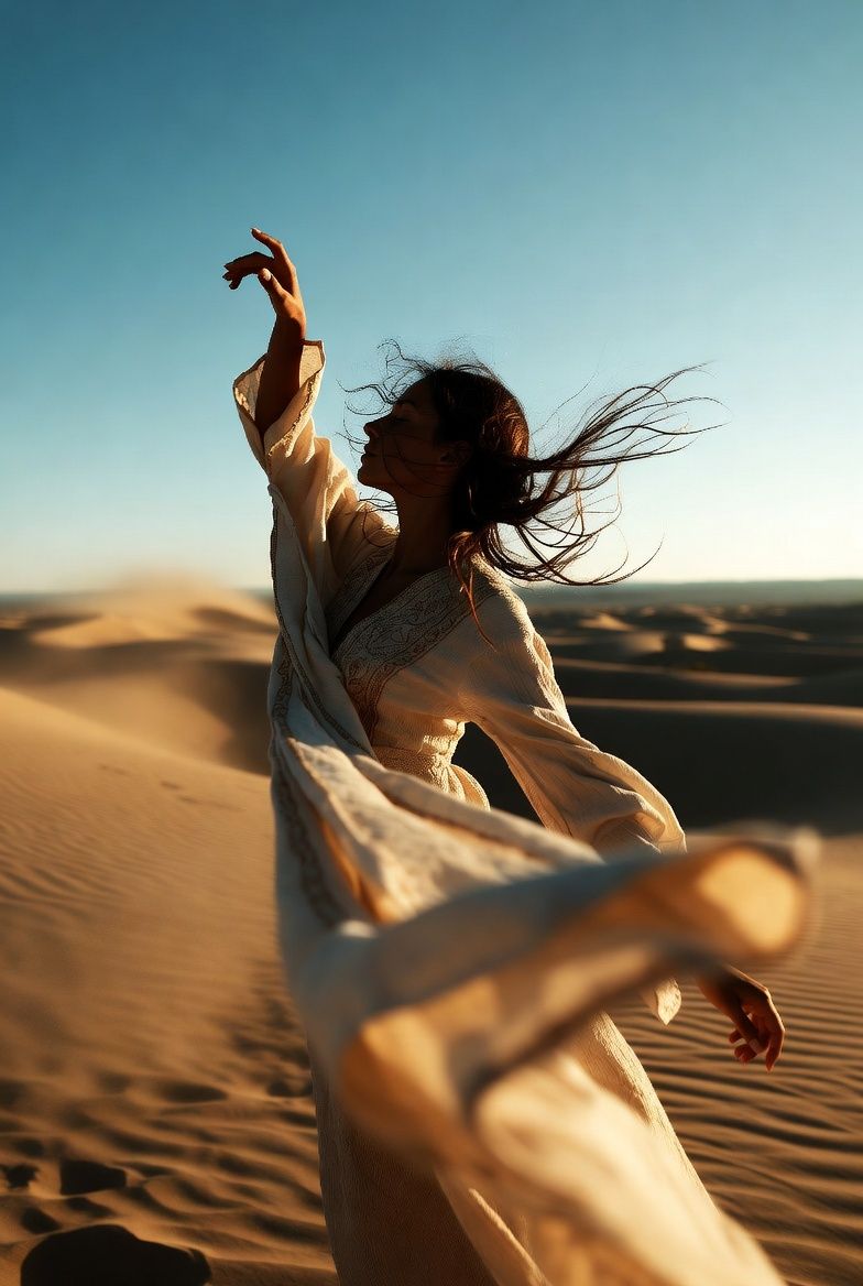 Cinematic desert photography in Dubai with flowing dress and wind movement