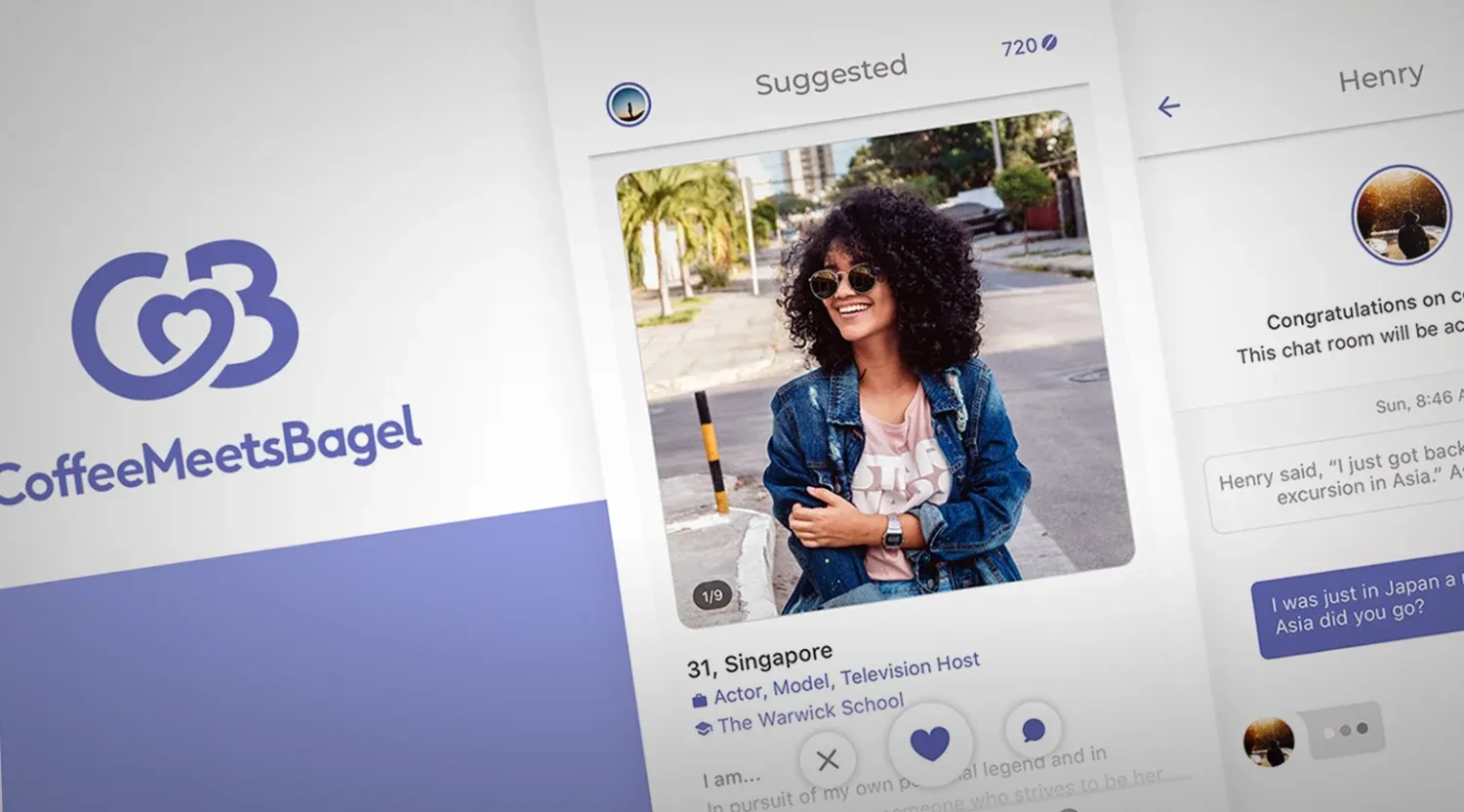 Coffee Meets Bagel dating app profile and suggested match screen showing curated daily matches on relationship-focused mobile dating platform