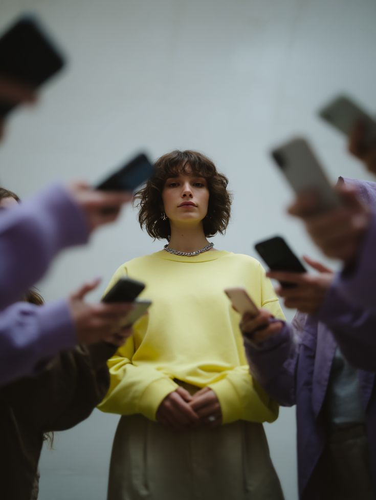 Young woman surrounded by smartphone users, representing modern online dating culture and popular dating apps like Tinder and Bumble