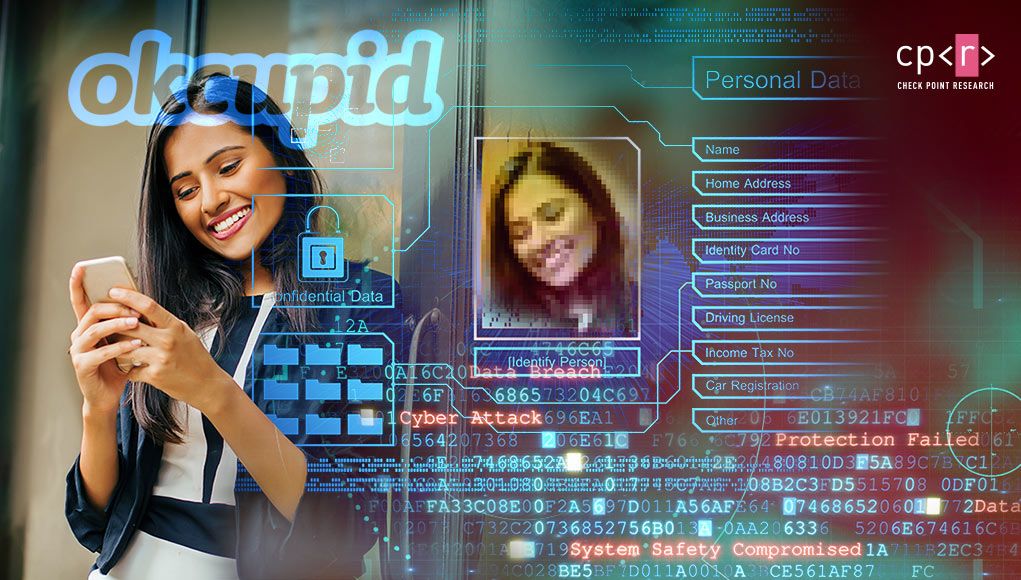 OkCupid dating app interface with user profile and data security concept highlighting online dating privacy and personal information protection