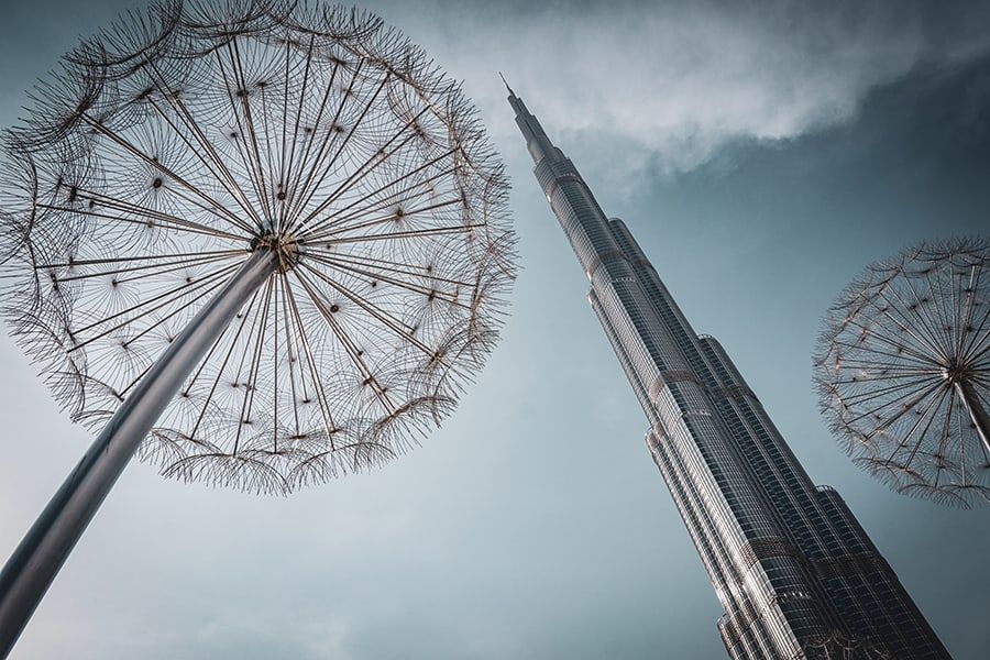 Dubai's Burj Khalifa view with a dandelion- perfect location for a couple's photoshoots.