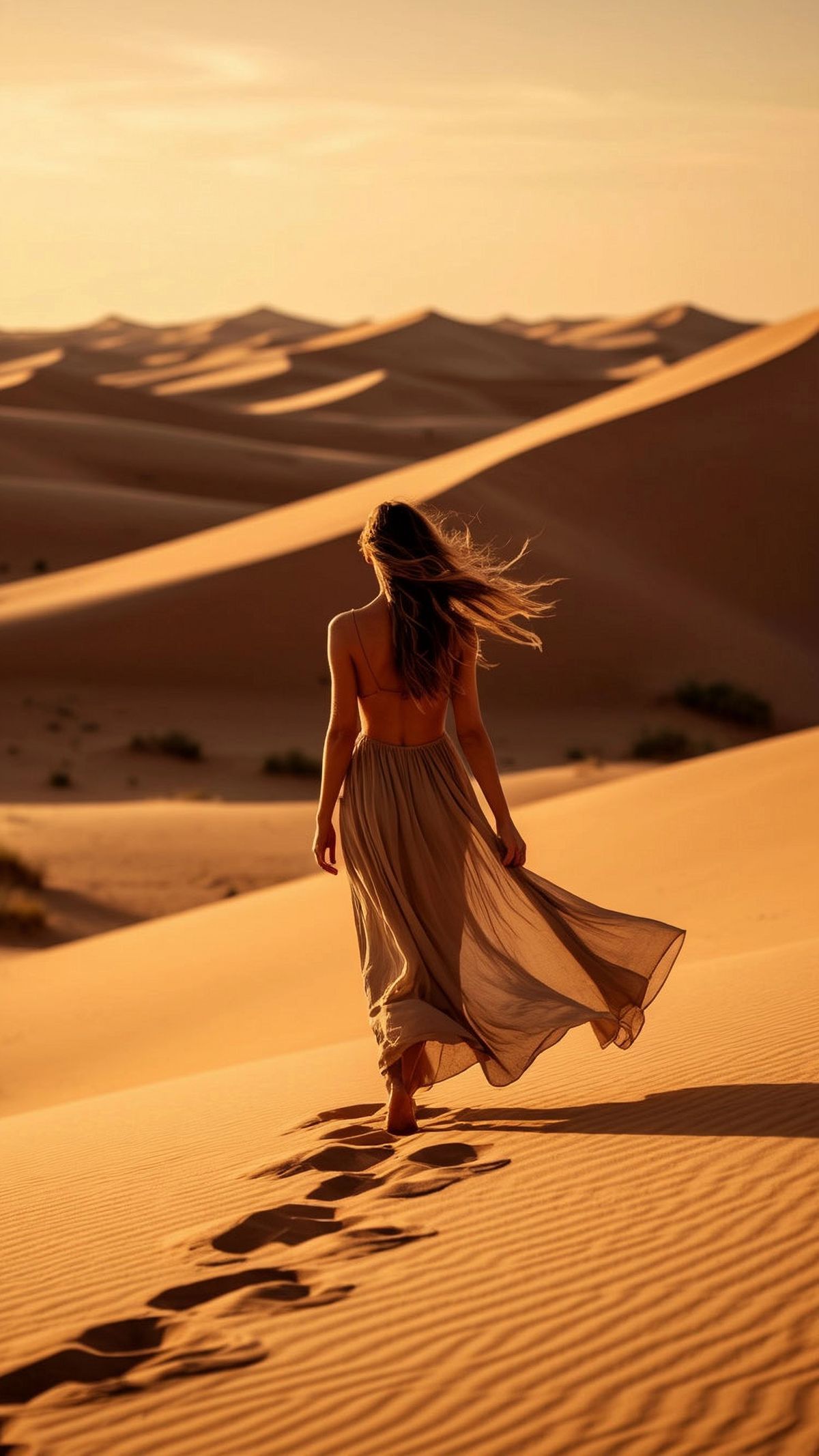 Woman walking on Dubai desert dunes at sunset during luxury desert photoshoot in Dubai