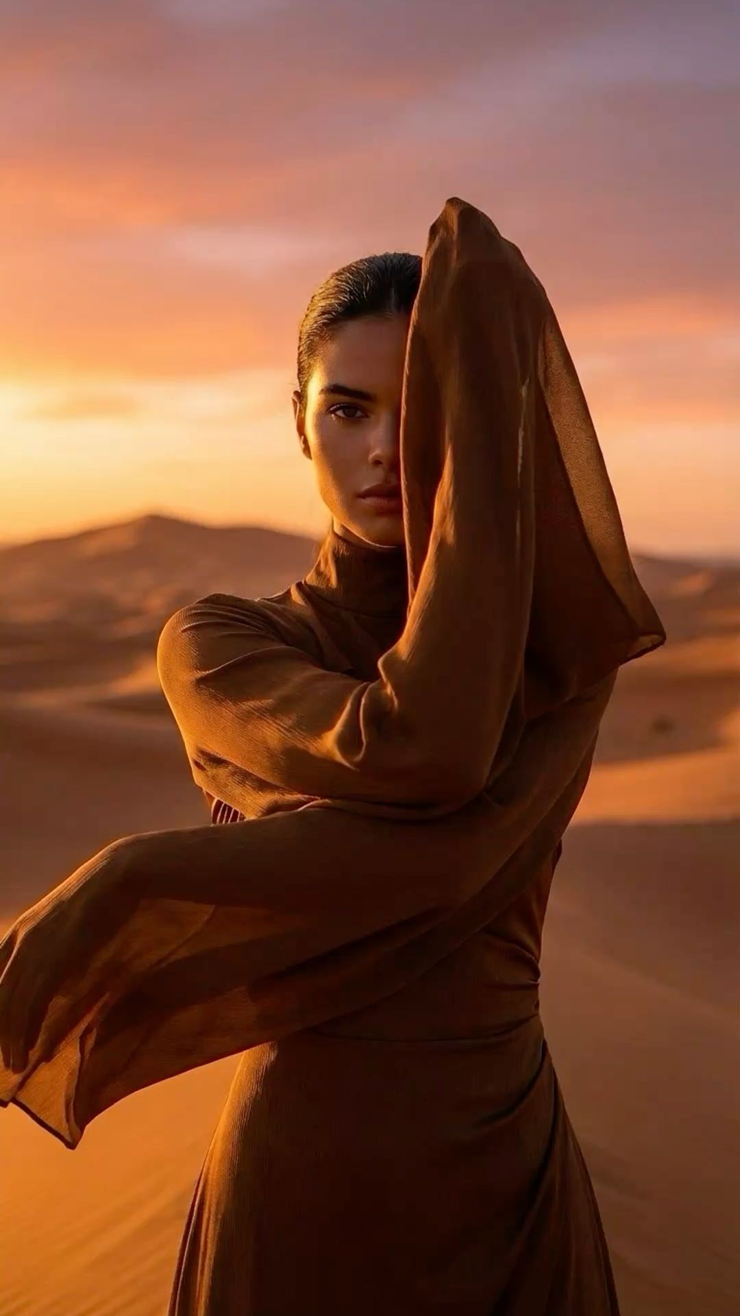 Elegant portrait of woman in warm brown dress during sunset desert photoshoot in Dubai