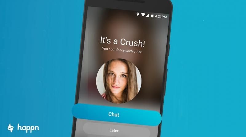 Happn dating app crush match screen showing location-based online dating notification and in-app chat feature