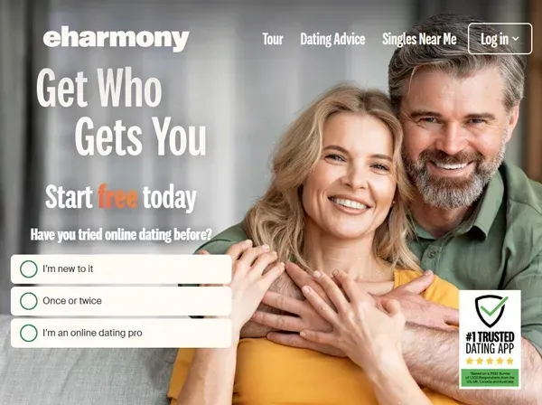 eHarmony dating app and website homepage promoting compatibility matching system for serious long-term relationships and marriage