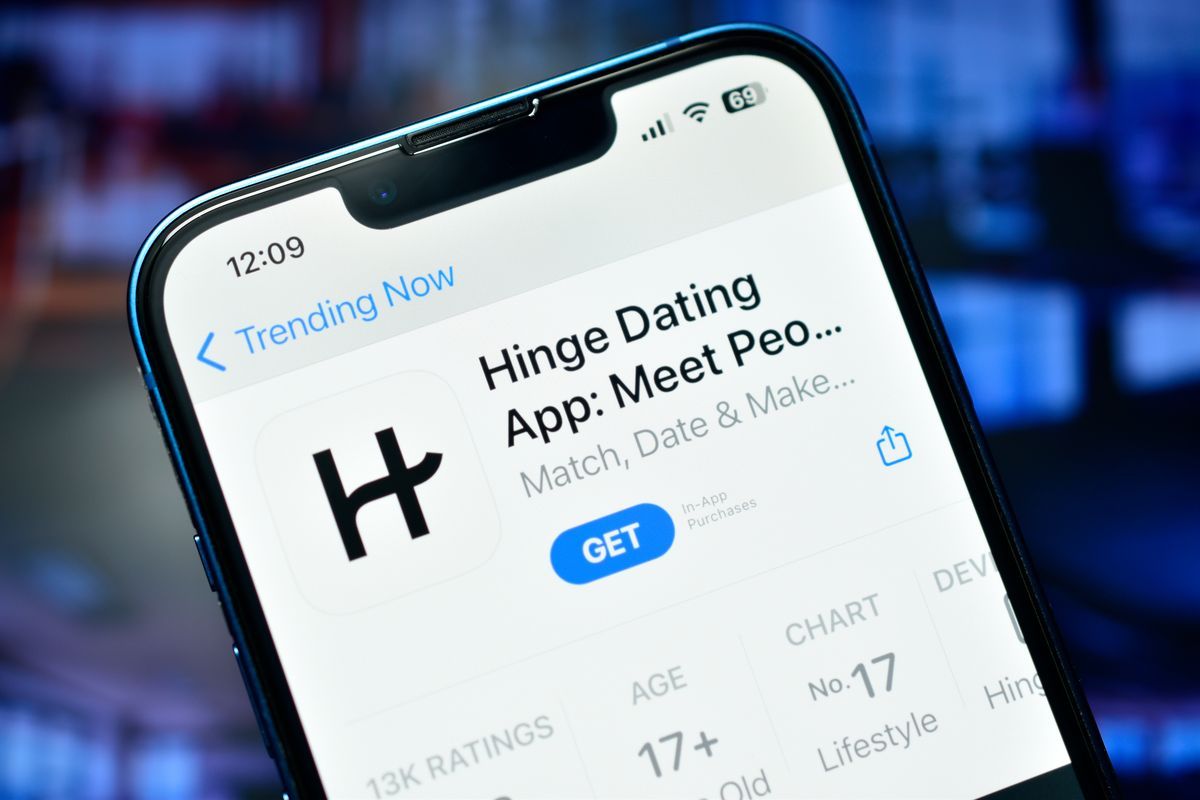 Hinge dating app on iPhone App Store screen showing download button and relationship-focused online dating platform