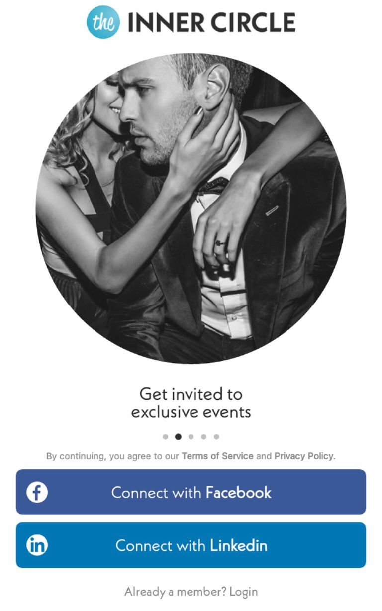 Inner Circle exclusive dating app login screen highlighting invite-only membership and curated events for ambitious professionals