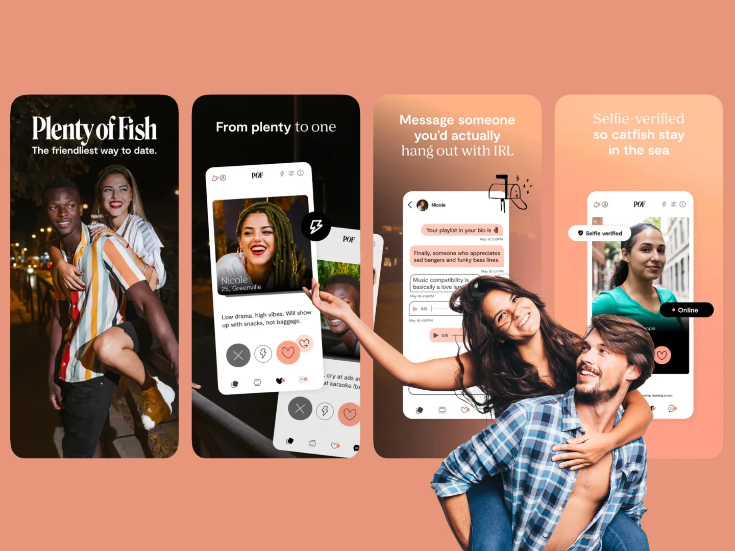 Plenty of Fish POF dating app profile and chat features highlighting free messaging and selfie verification system