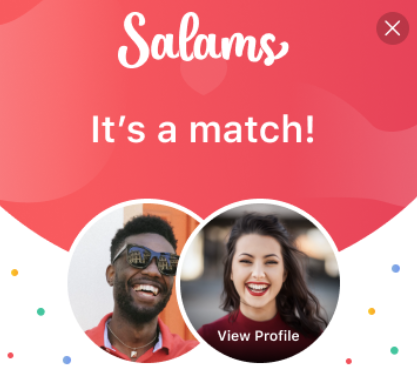Salams Muslim dating app match notification screen for halal dating and marriage-focused relationships