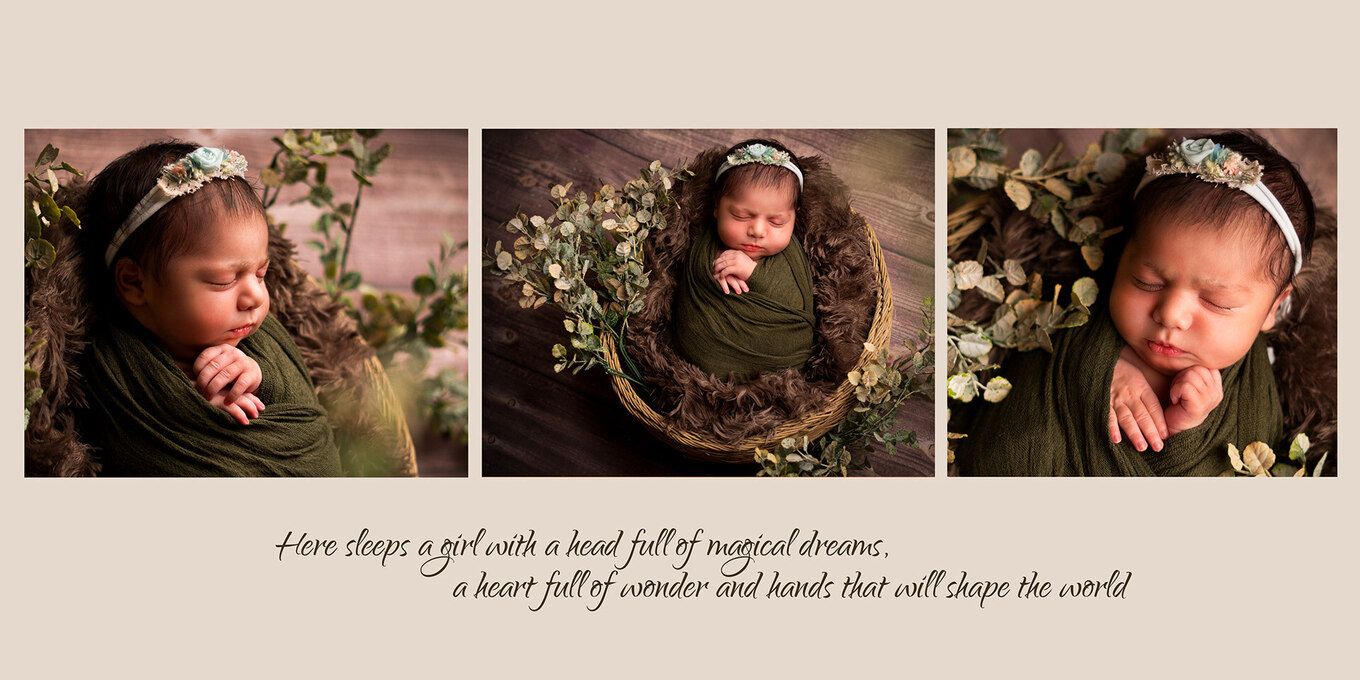 Professional newborn photography session in Dubai featuring a sleeping baby girl wrapped in a green swaddle with floral props and a woven basket