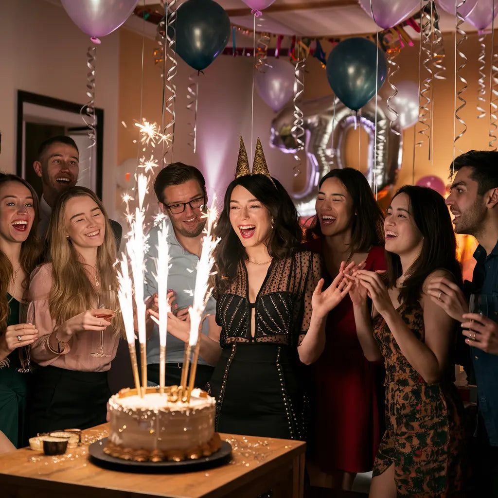 Birthday party photographer in Dubai capturing a girl celebrating with friends around a cake with sparkling candles
